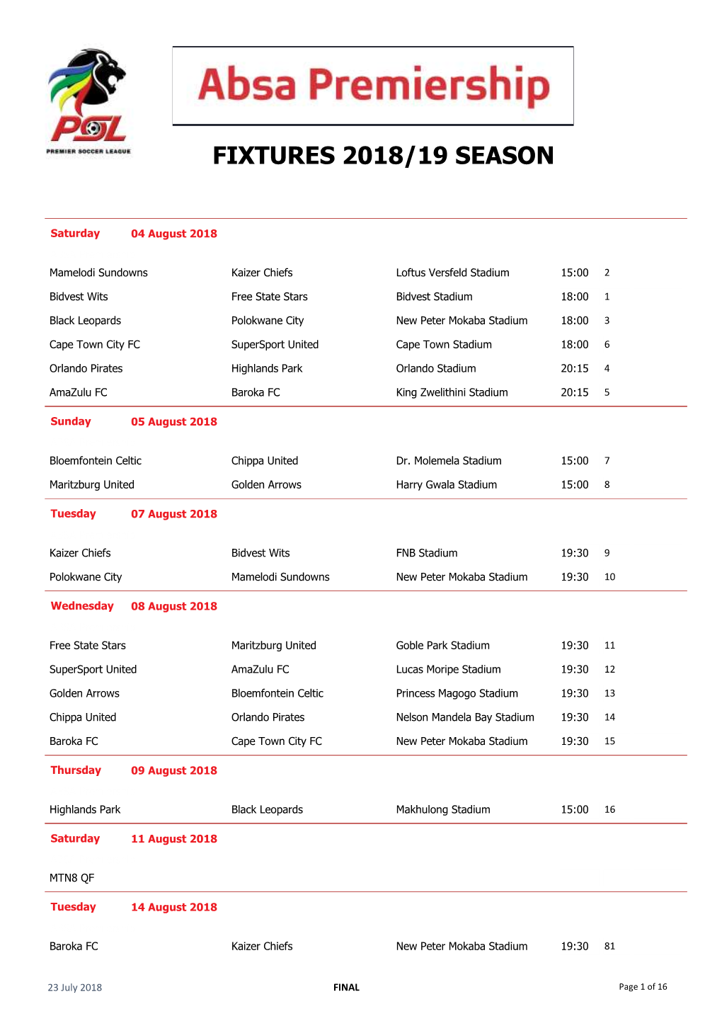 Fixtures 2018/19 Season