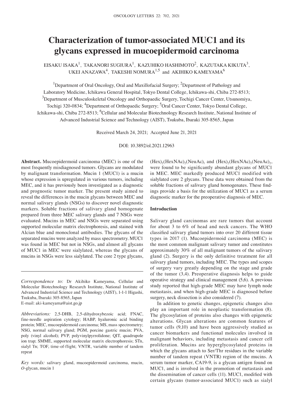 Characterization of Tumor‑Associated MUC1 and Its Glycans Expressed in Mucoepidermoid Carcinoma