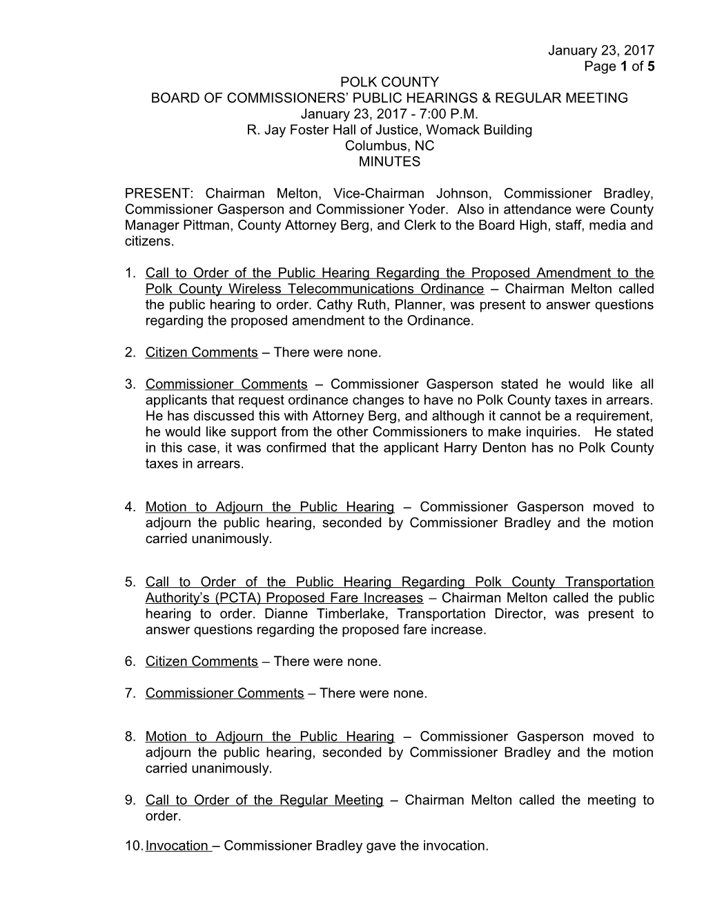 Board of Commissioners Public Hearings & Regular Meeting