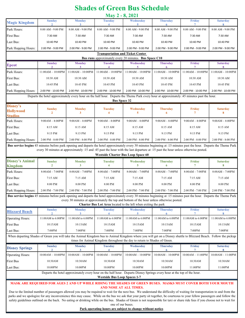 Shades of Green Bus Schedule