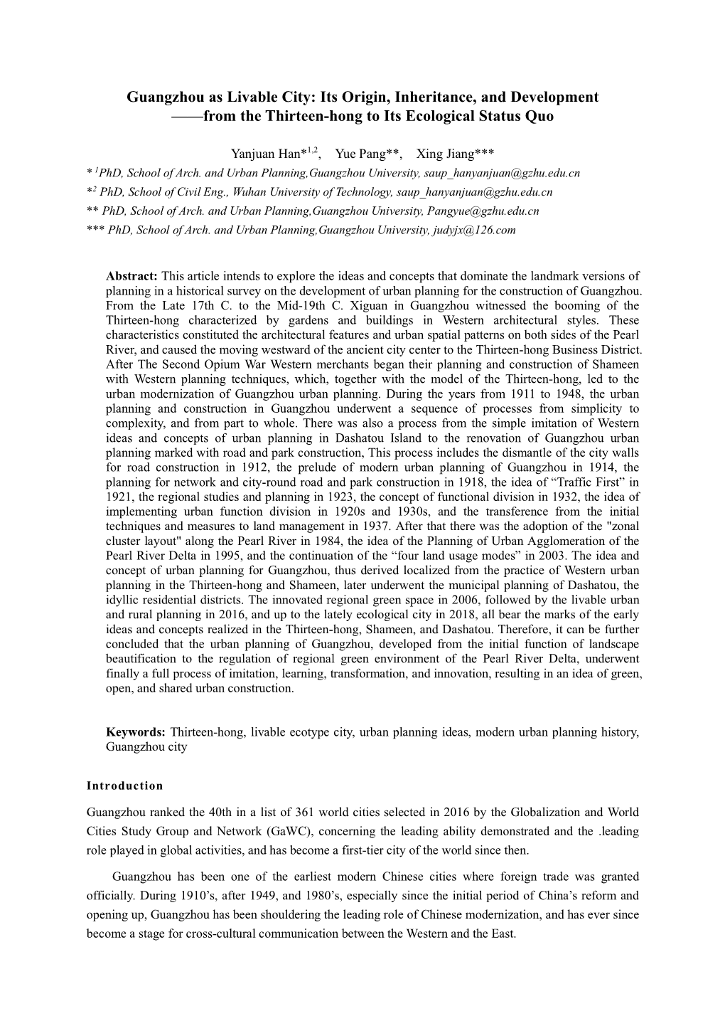 Guangzhou As Livable City: Its Origin, Inheritance, and Development ——From the Thirteen-Hong to Its Ecological Status Quo