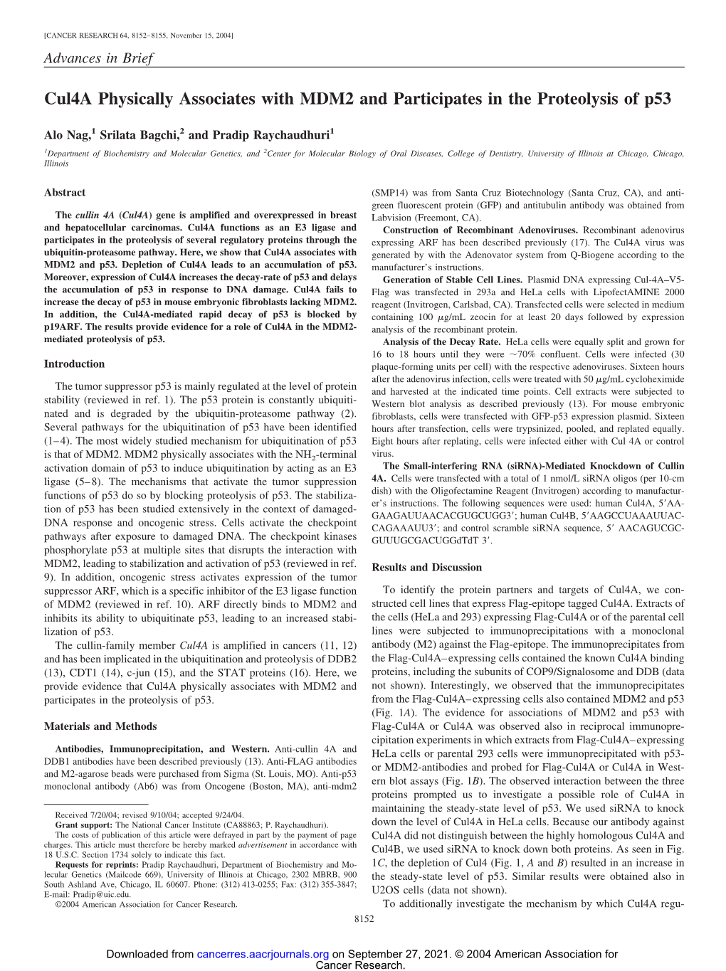 Cul4a Physically Associates with MDM2 and Participates in the Proteolysis of P53