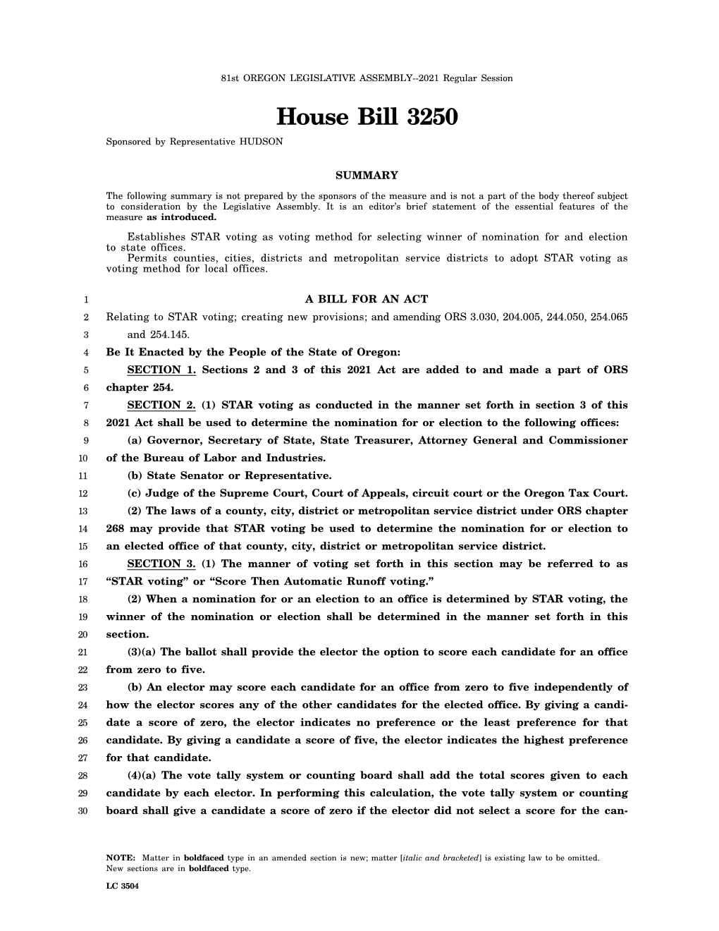 House Bill 3250 Sponsored by Representative HUDSON