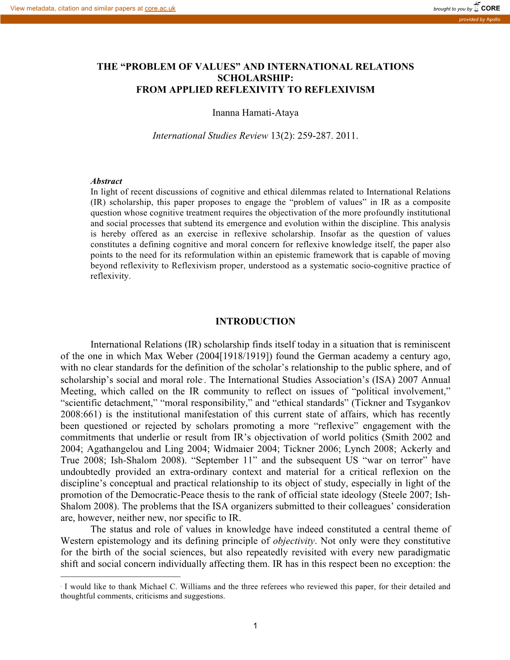 And International Relations Scholarship: from Applied Reflexivity to Reflexivism