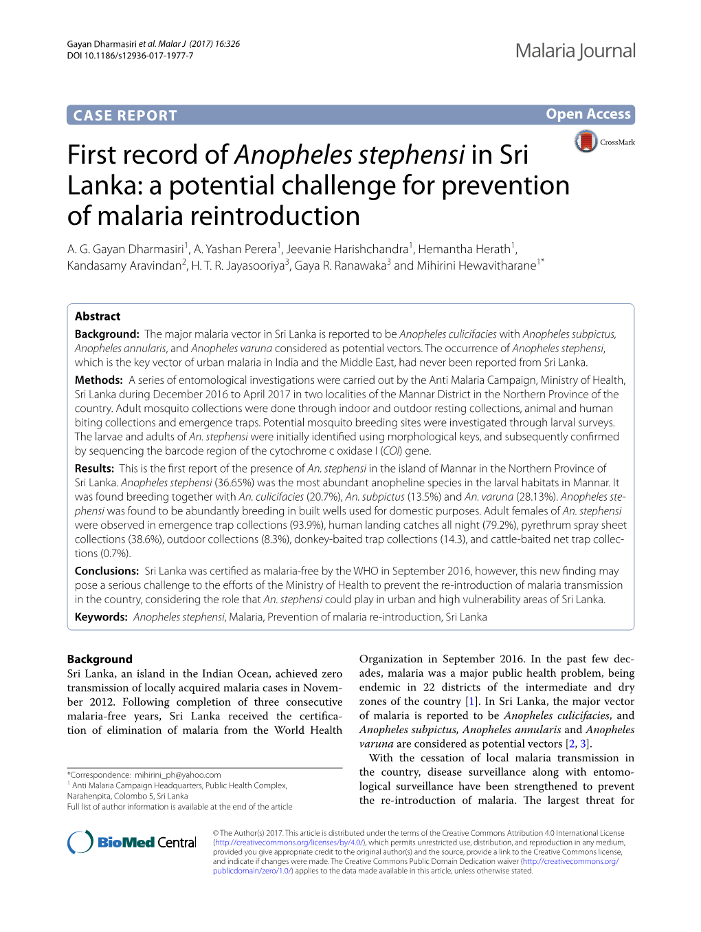 First Record of Anopheles Stephensi in Sri Lanka: a Potential Challenge for Prevention of Malaria Reintroduction A