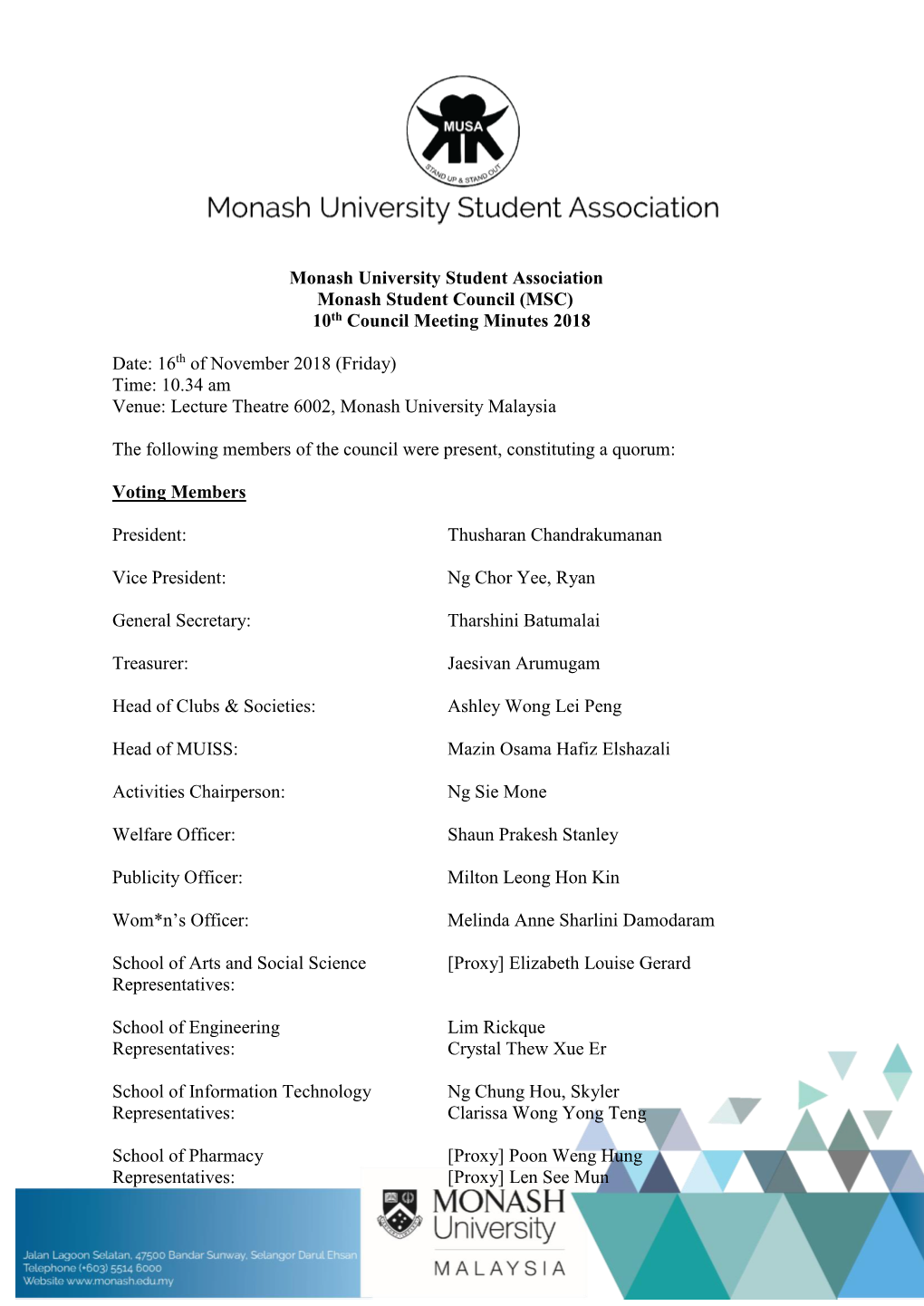 (MSC) 10Th Council Meeting Minutes 2018 Date: 16Th of November 2018