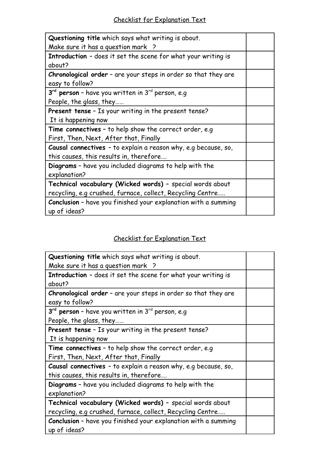 Checklist for Explanation Text