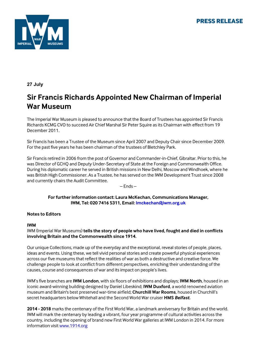 Sir Francis Richards Appointed New Chairman of Imperial War Museum