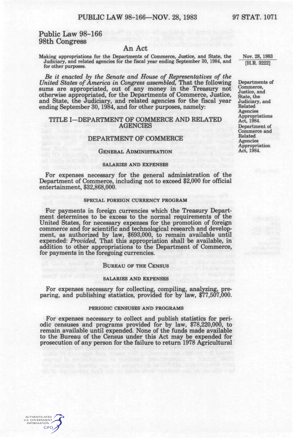 Public Law 98-166 98Th Congress an Act Making Appropriations for the Departments of Commerce, Justice, and State, the Nov