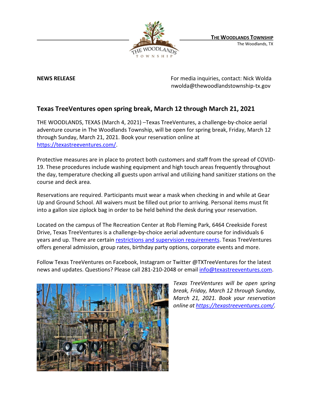 Texas Treeventures Open Spring Break, March 12 Through March 21, 2021