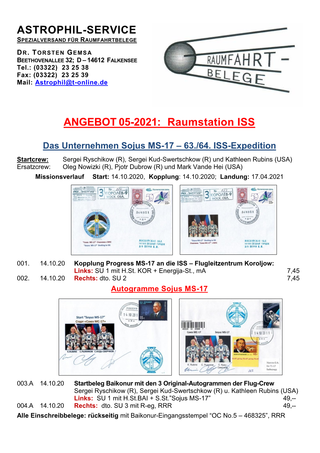 ASTROPHIL-SERVICE ANGEBOT 05-2021: Raumstation