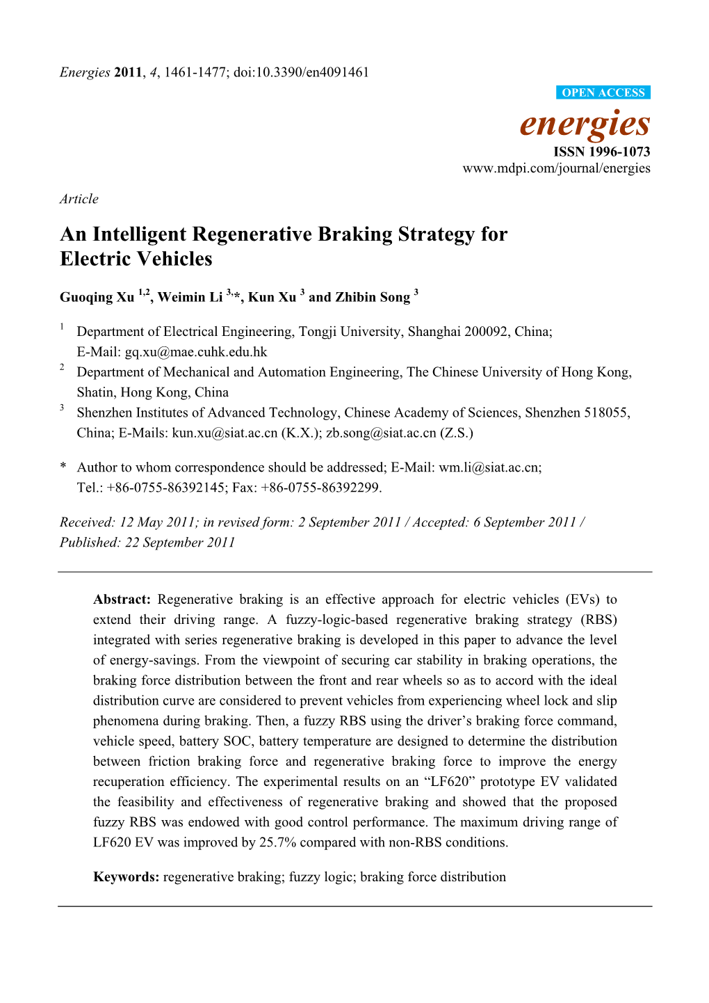 An Intelligent Regenerative Braking Strategy for Electric Vehicles