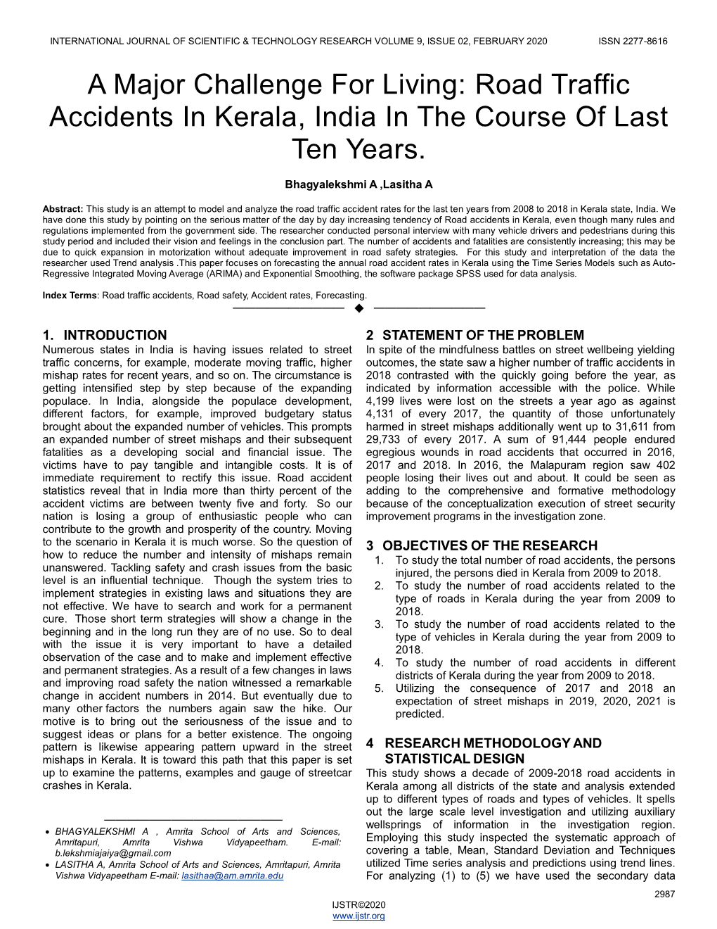 A Major Challenge for Living: Road Traffic Accidents in Kerala, India in the Course of Last Ten Years