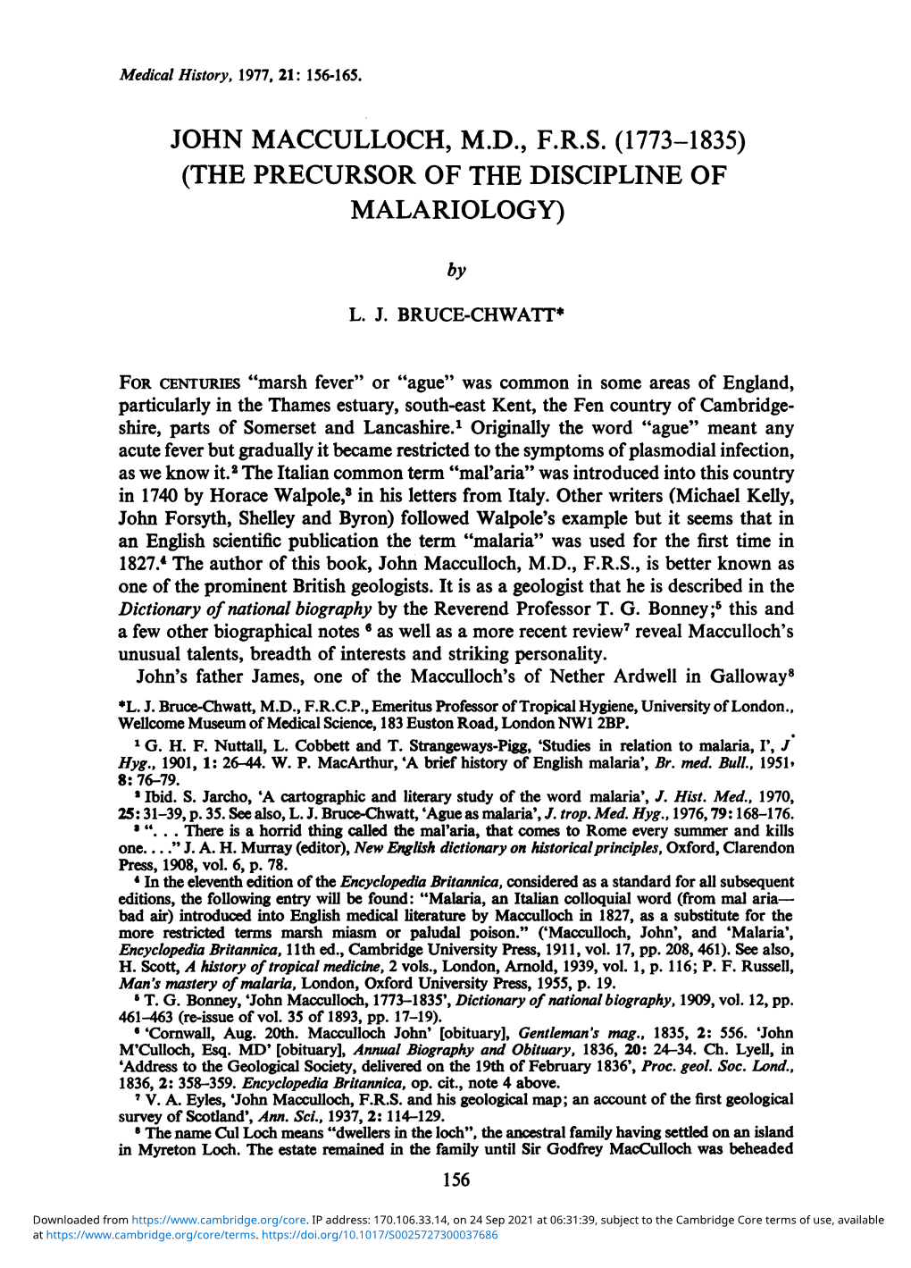 John Macculloch, M.D., F.R.S. (1773-1835) (The Precursor of the Discipline of Malariology)