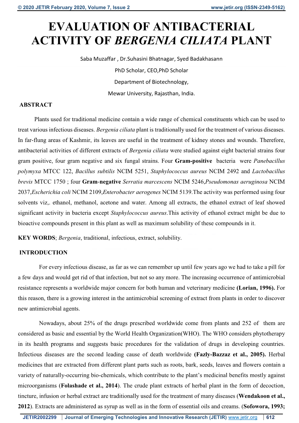 Evaluation of Antibacterial Activity of Bergenia Ciliata Plant