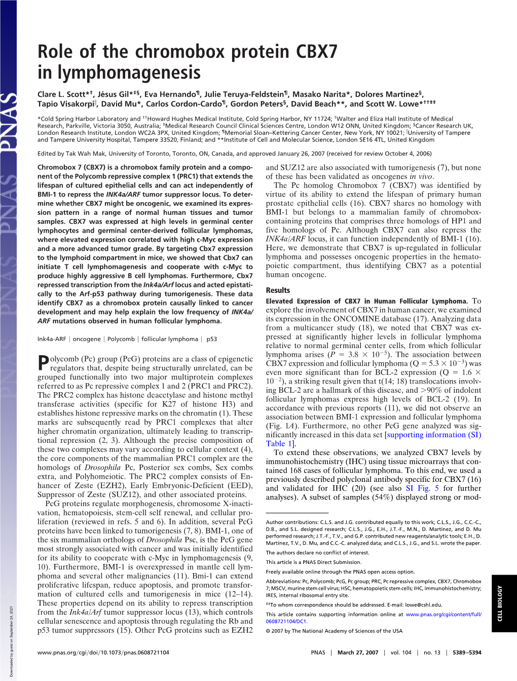 Role of the Chromobox Protein CBX7 in Lymphomagenesis