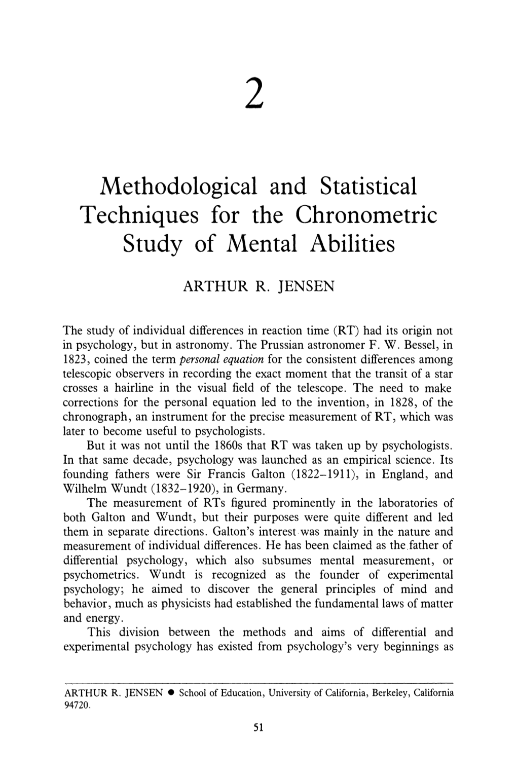 Methodological and Statistical Techniques for the Chronometric Study of Mental Abilities