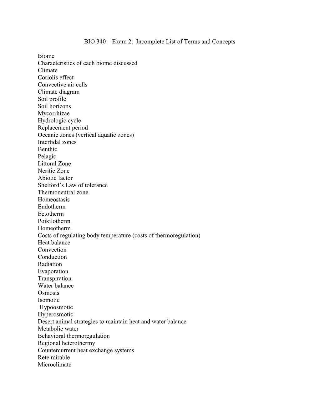 BIO 340 Exam 2: Incomplete List of Terms and Concepts