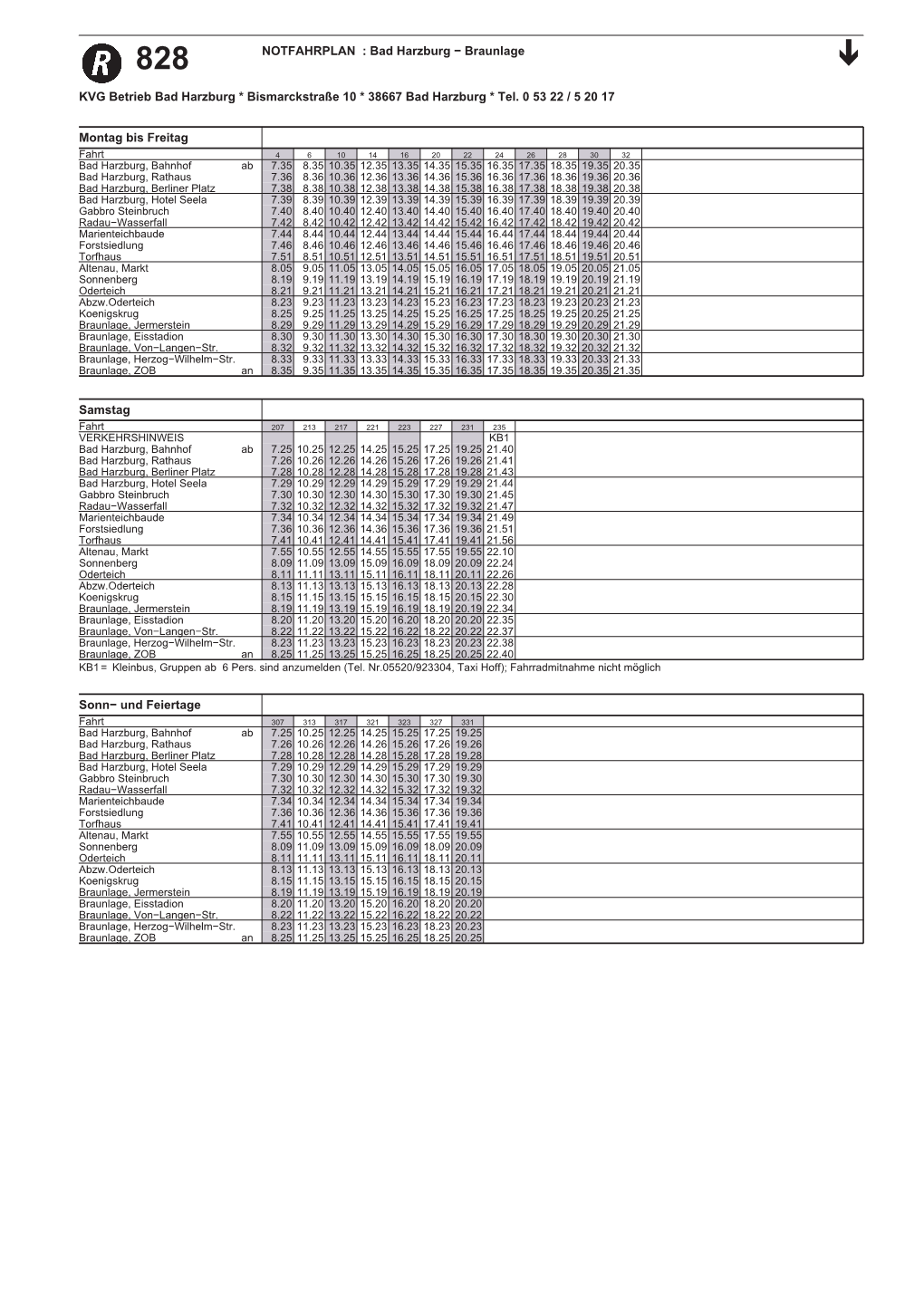 NOTFAHRPLAN : Bad Harzburg − Braunlage KVG Betrieb Bad