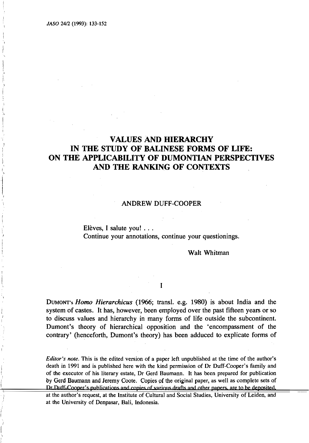 Values and Hierarchy in the Study of Balinese Forms of Life: on the Applicability of Dumontian Perspectives and the Ranking of Contexts
