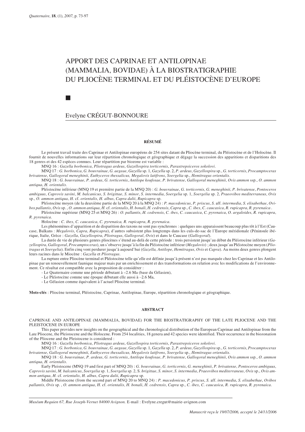 À La Biostratigraphie Du Pliocène Terminal Et Du Pléistocène D'euro