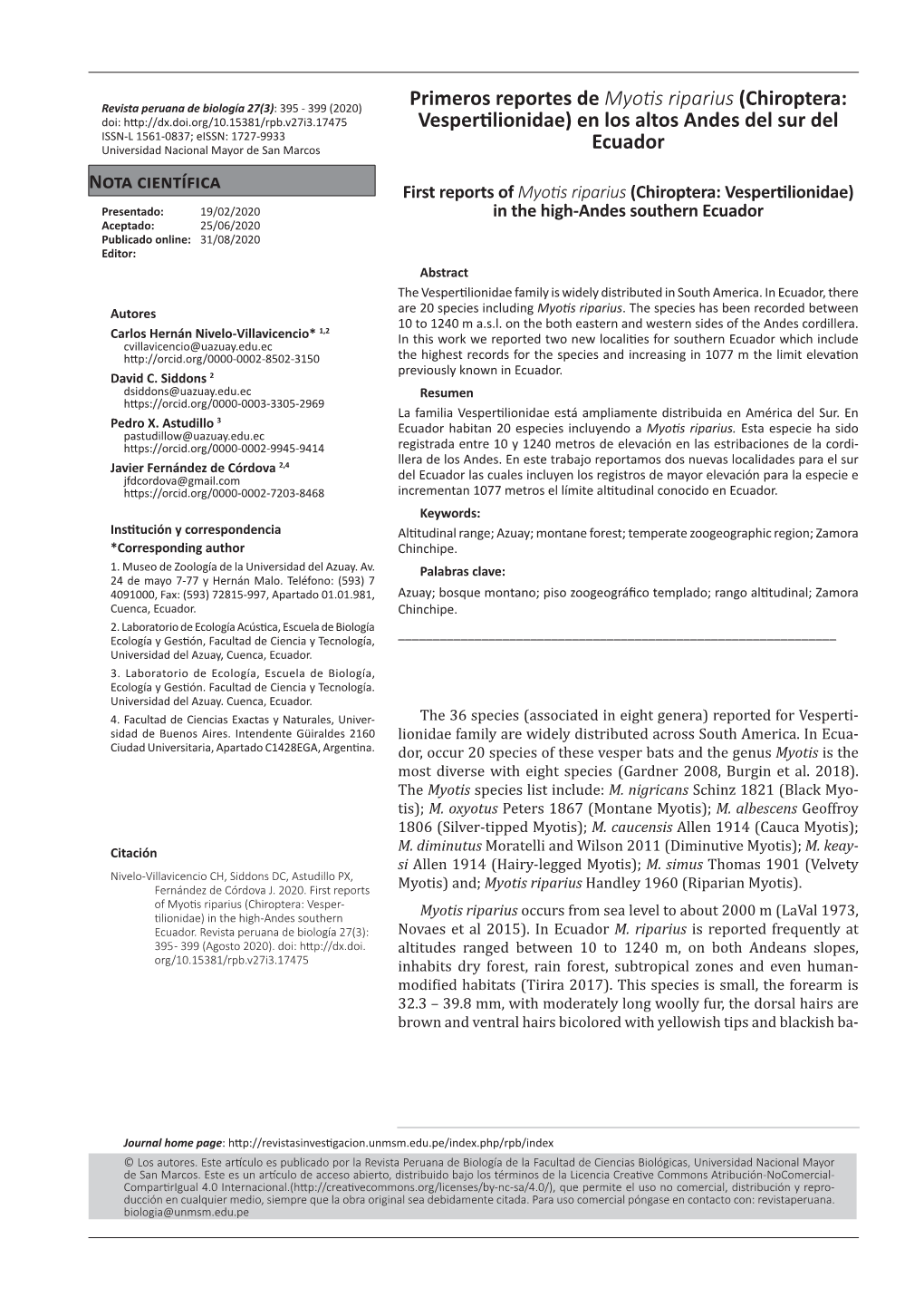 Primeros Reportes De Myotis Riparius (Chiroptera: Vespertilionidae) En