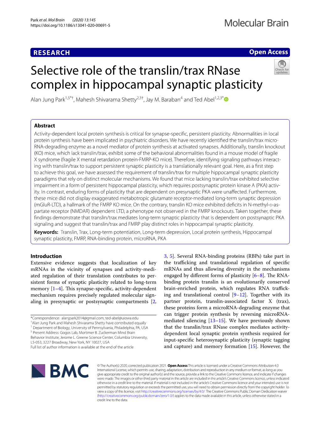 Selective Role of the Translin/Trax Rnase Complex in Hippocampal Synaptic Plasticity Alan Jung Park1,5*†, Mahesh Shivarama Shetty2,3†, Jay M