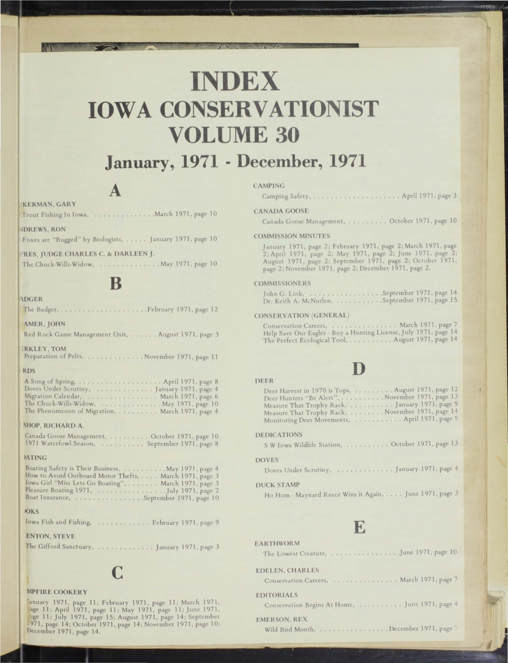 IOWA CONSERVATIONIST VOL E 30 January, 1971 - Decentber, 1971