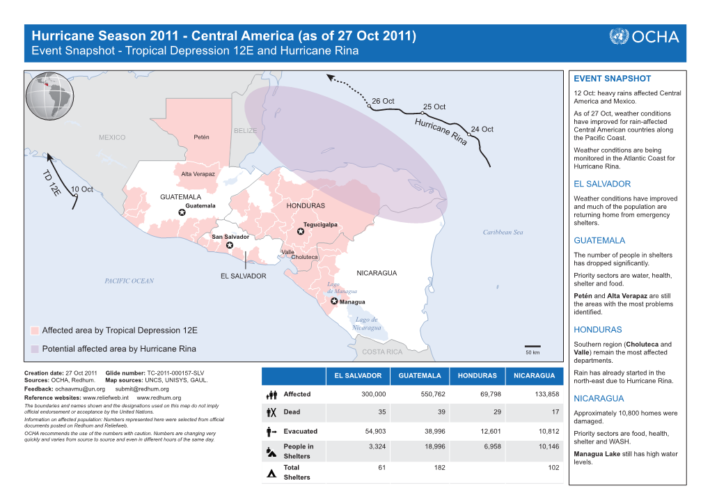 Hurricane Season 2011 - Central America (As of 27 Oct 2011) Event Snapshot - Tropical Depression 12E and Hurricane Rina