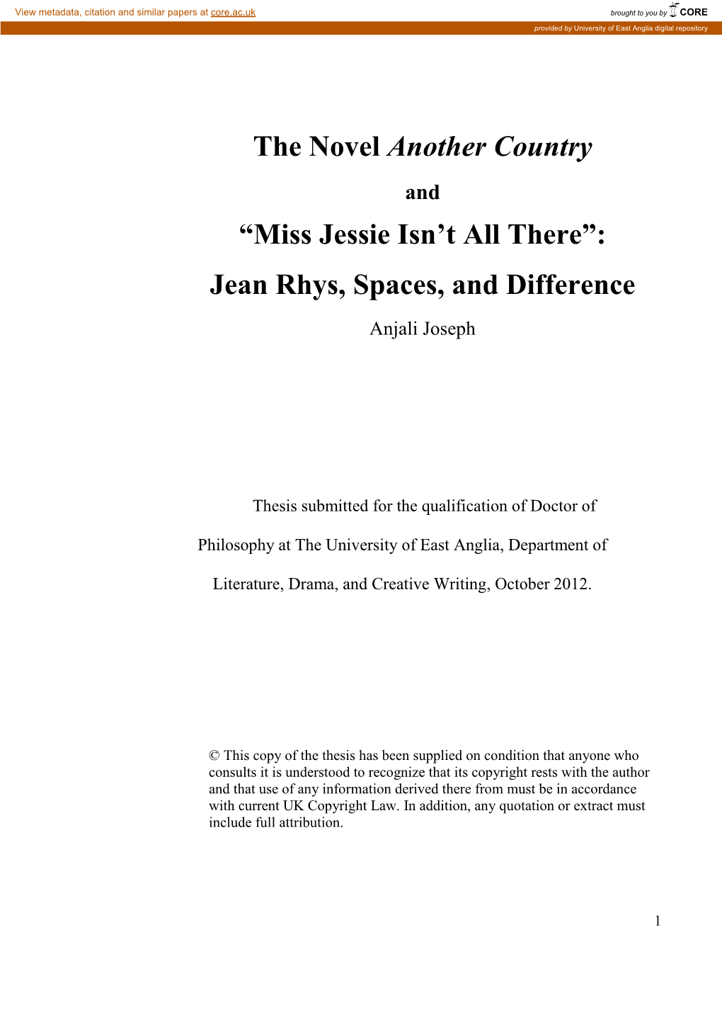“Miss Jessie Isn't All There”: Jean Rhys, Spaces, and Difference