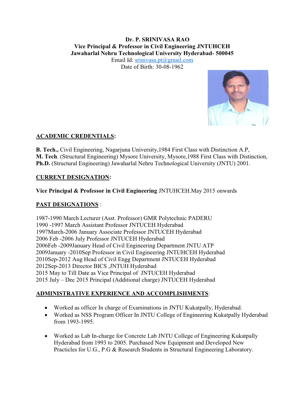 Dr. P. SRINIVASA RAO Vice Principal & Professor in Civil Engineering