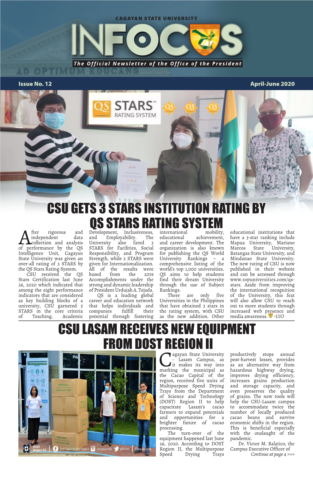 Csu Gets 3 Stars Institution Rating by Qs Stars Rating System Csu Lasam Receives New Equipment from Dost Region Ii