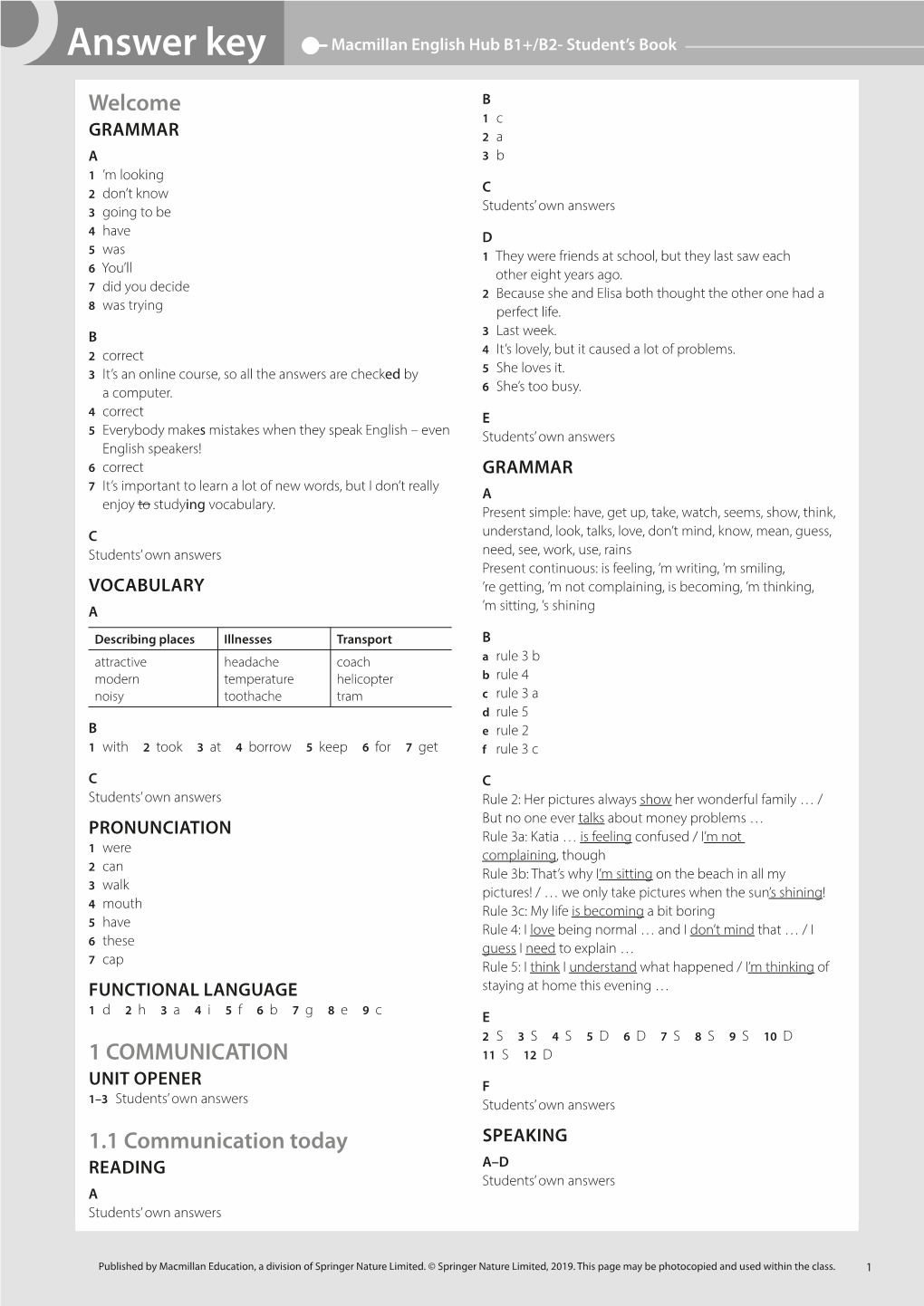 Answer Key Macmillan English Hub B1+/B2- Student’S Book