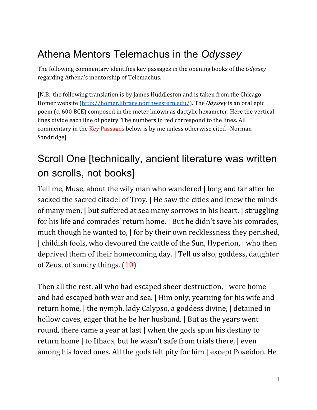 Commentary on Athena's Mentoring of Telemachus in the Odyssey