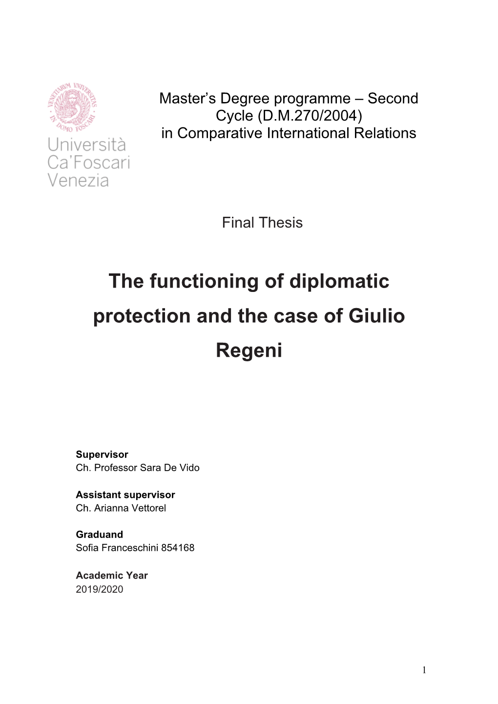 The Functioning of Diplomatic Protection and the Case of Giulio Regeni
