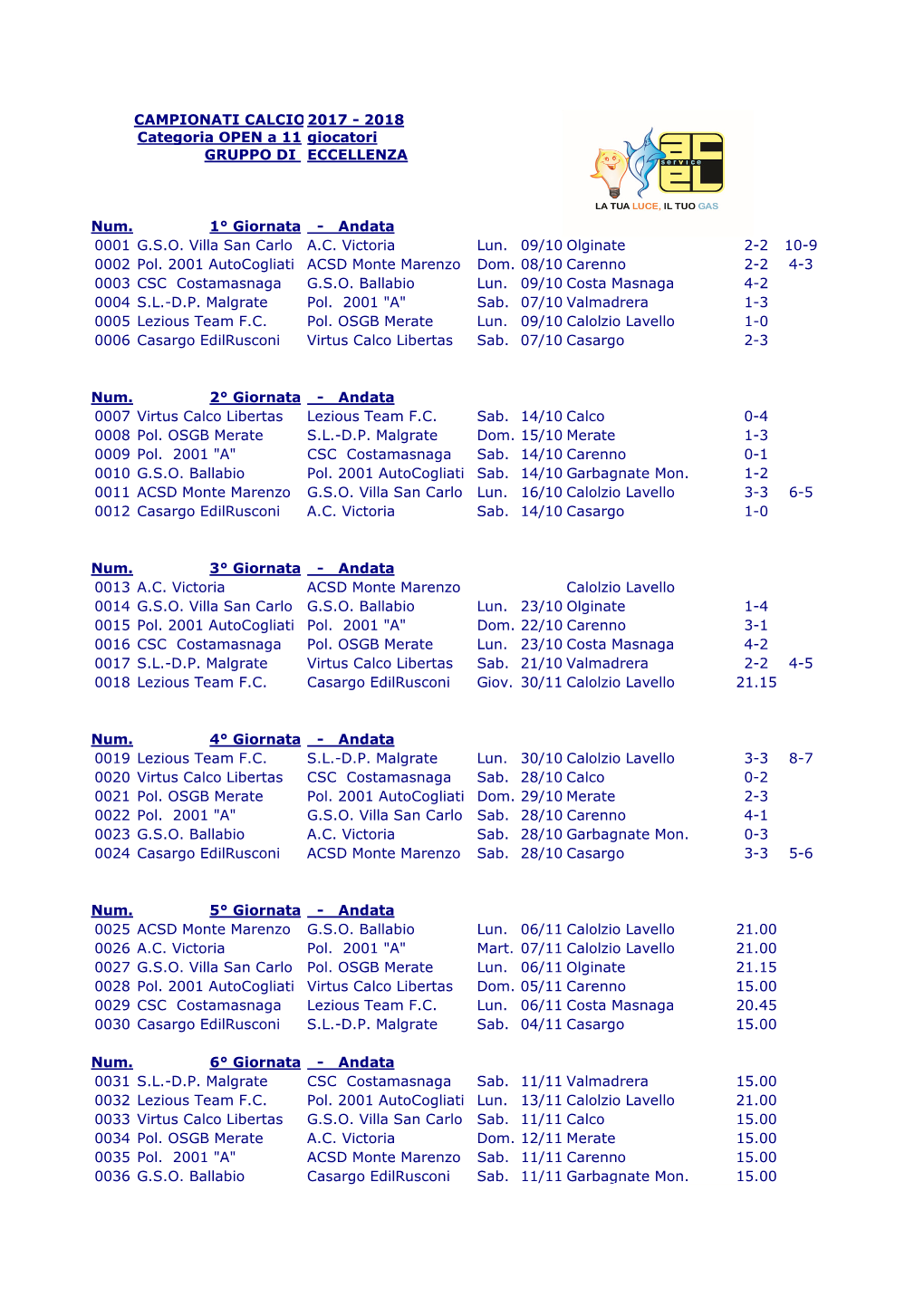 Calenda-Risultati Open a 11 Eccellenza