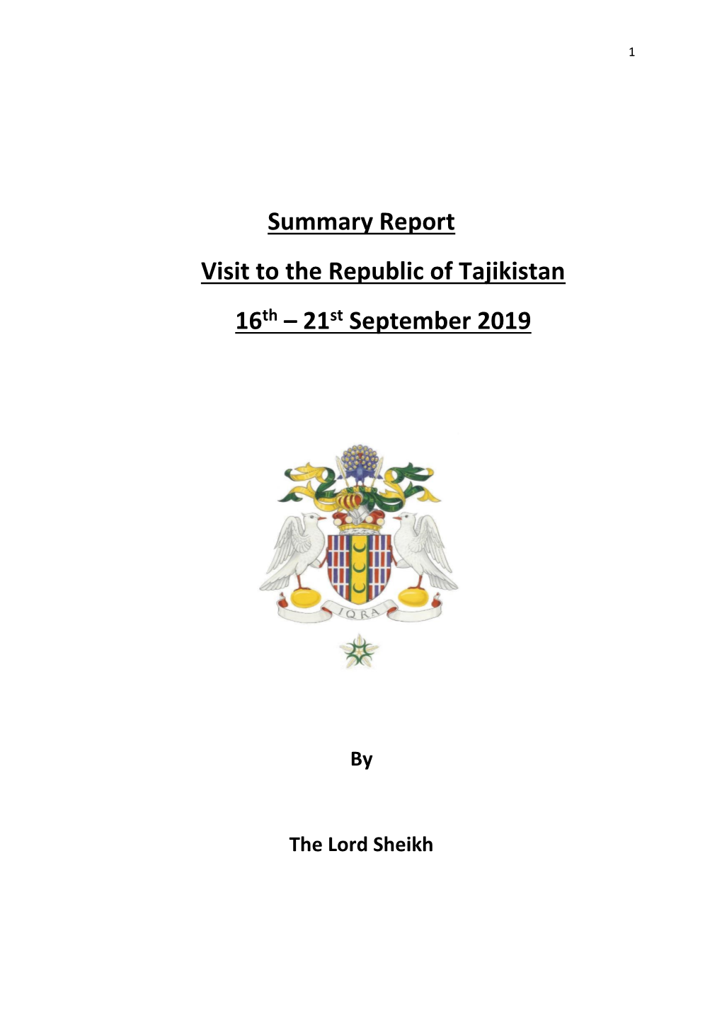 Summary Report Visit to the Republic of Tajikistan 16Th – 21St September 2019