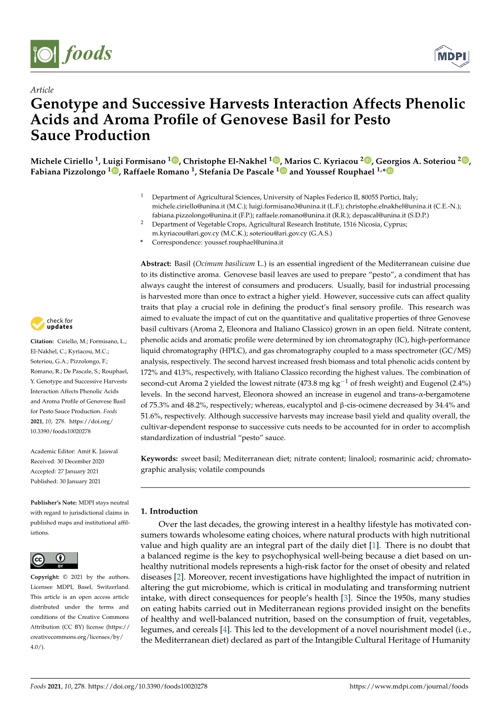 Genotype and Successive Harvests Interaction Affects Phenolic Acids and Aroma Proﬁle of Genovese Basil for Pesto Sauce Production