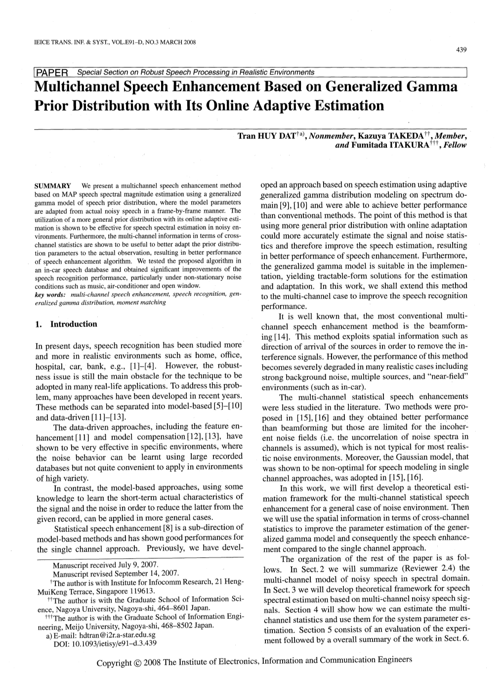 Multichannel Speech Enhancement Based on Generalized Gamma Prior Distribution with Its Online Adaptive Estimation