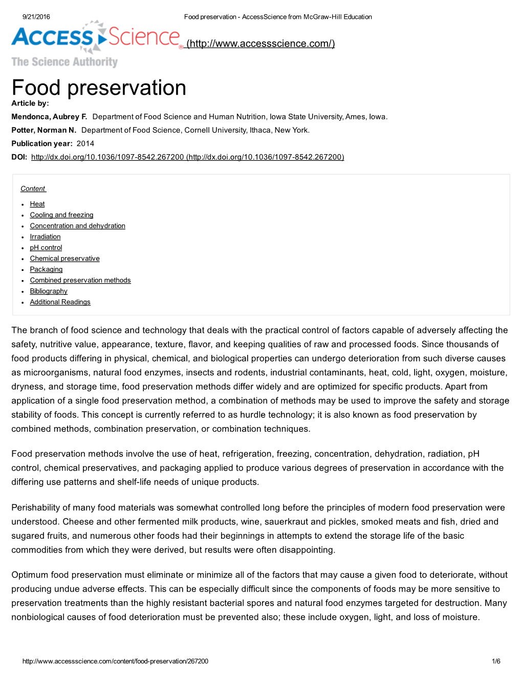 Food Preservation ­ Accessscience from Mcgraw­Hill Education