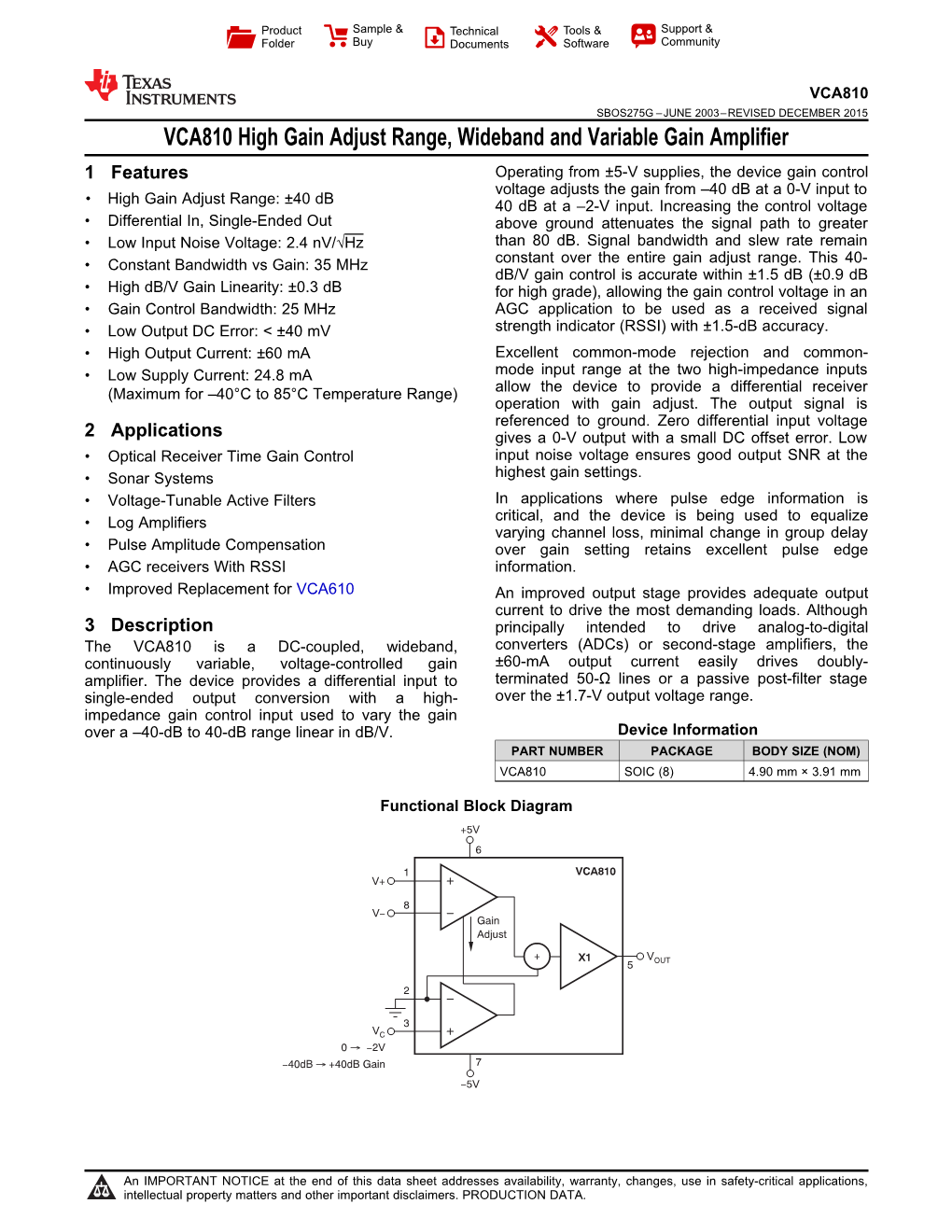 VCA810 High Gain Adjust Range, Wideband and Variable Gain