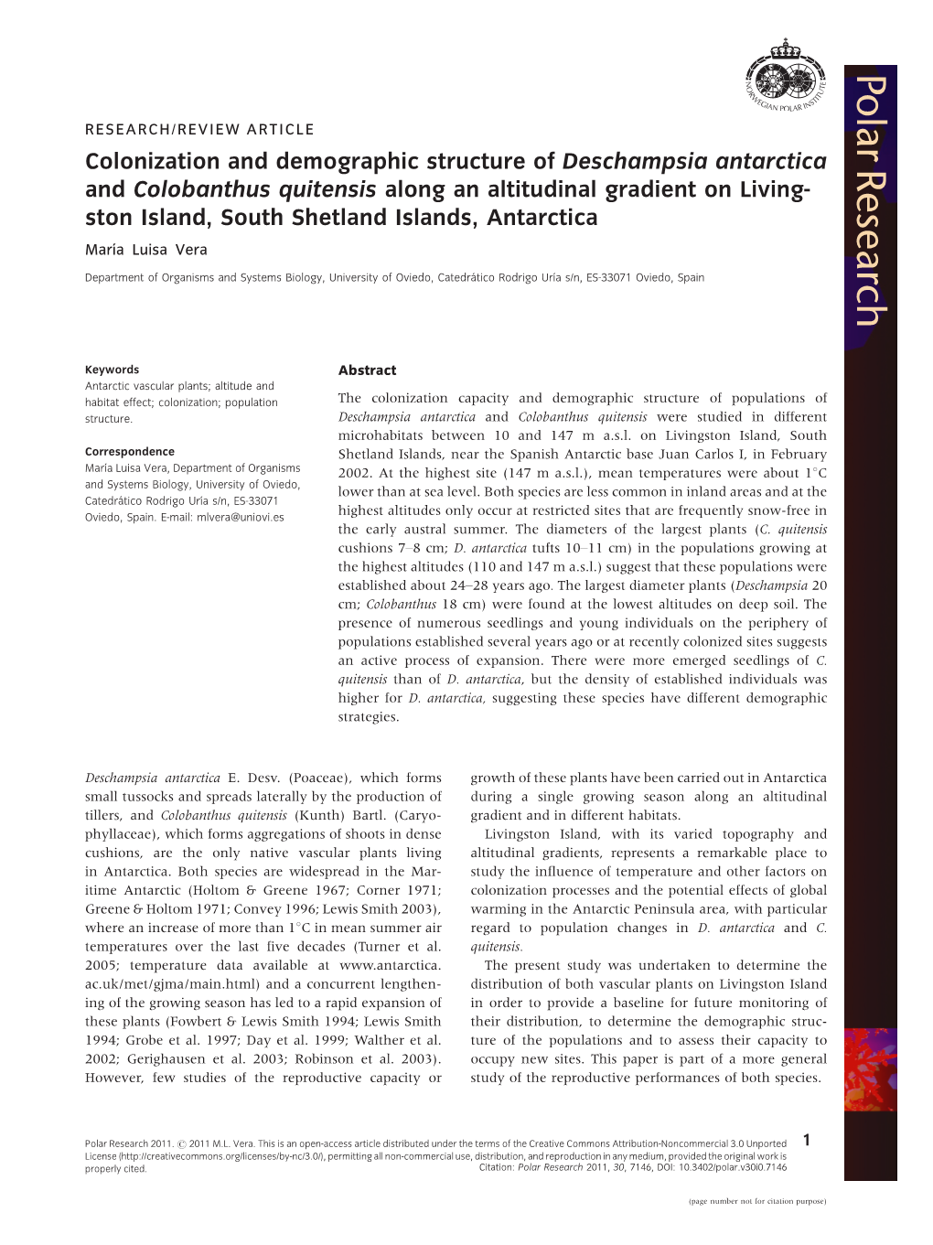 Colonization and Demographic Structure of Deschampsia Antarctica