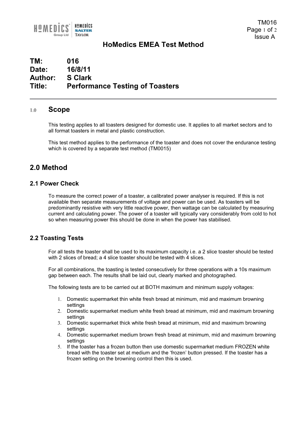 Homedics EMEA Test Method