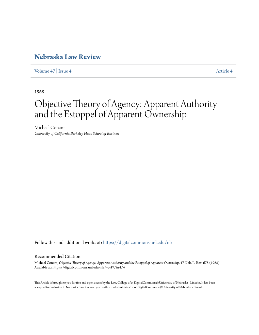 Apparent Authority and the Estoppel of Apparent Ownership Michael Conant University of California Berkeley Haas School of Business