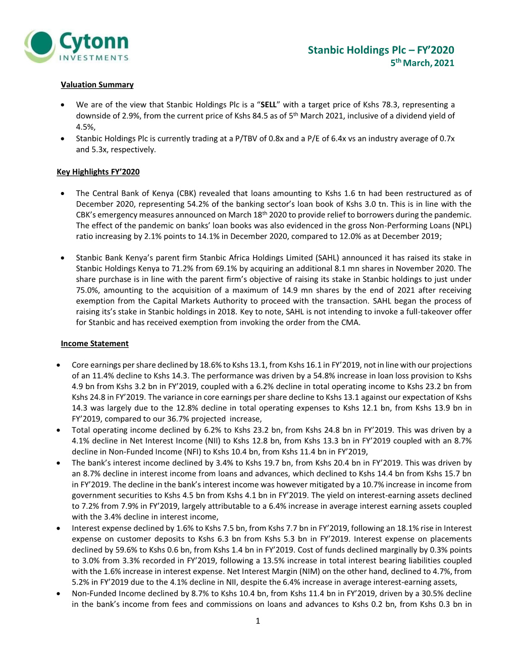 Stanbic Holdings Plc – FY'2020