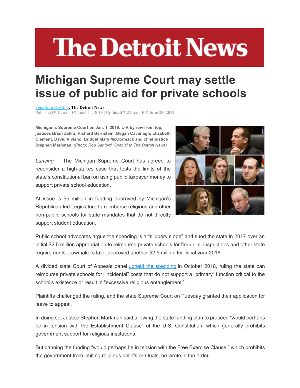 Michigan Supreme Court May Settle Issue of Public Aid for Private Schools