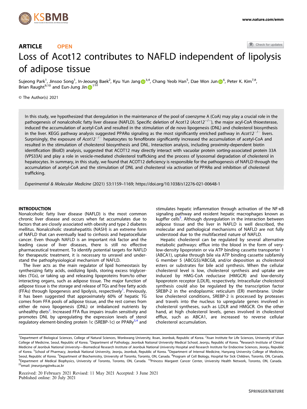 Loss of Acot12 Contributes to NAFLD Independent of Lipolysis of Adipose Tissue