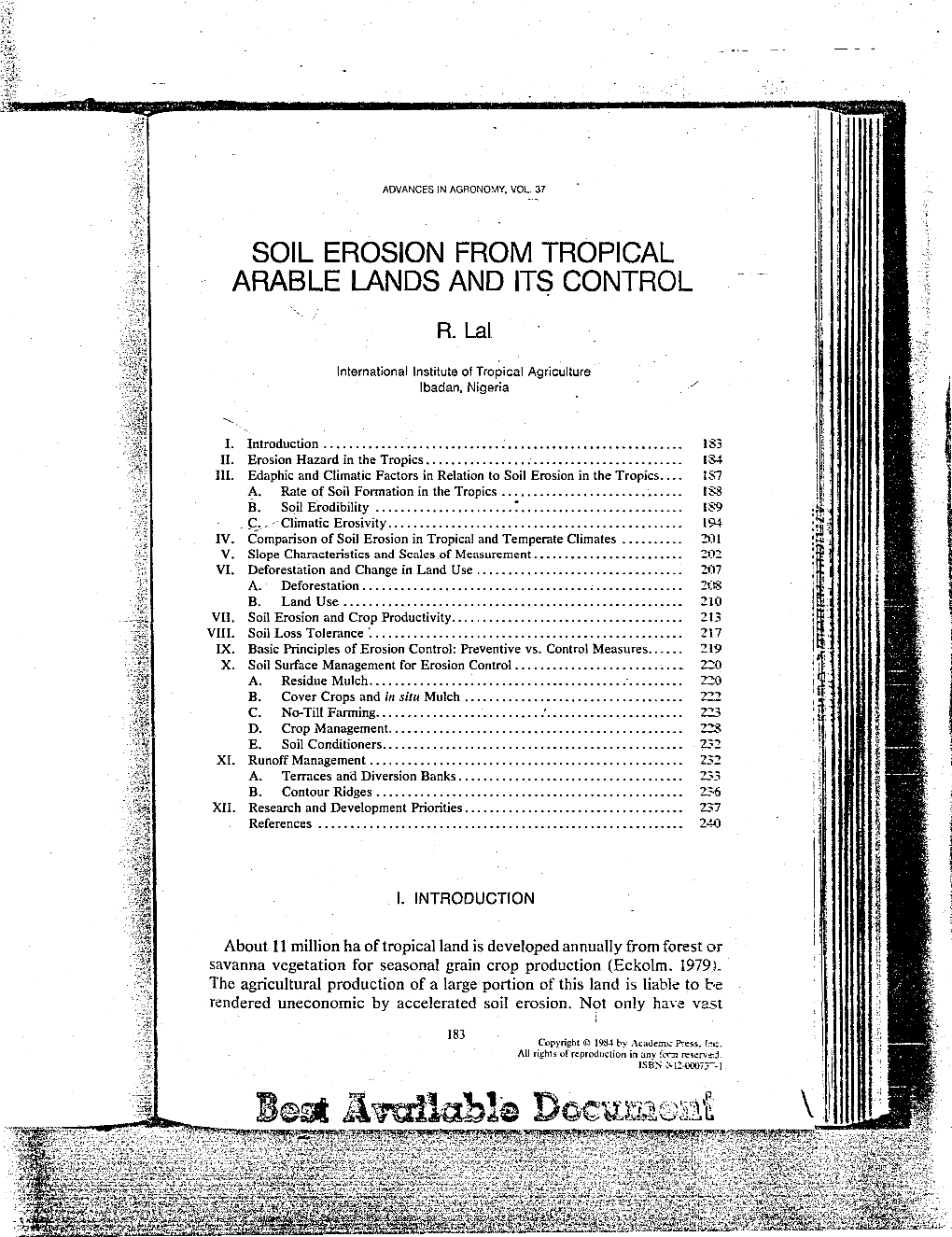 Soil Erosion from Tropical Arable Lands and Its Control