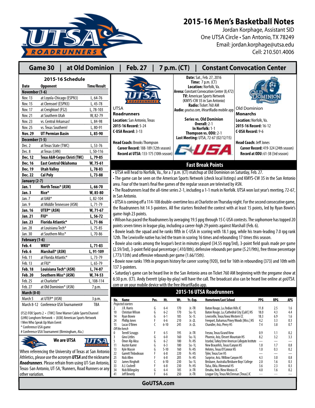 2015-16 Men's Basketball Notes