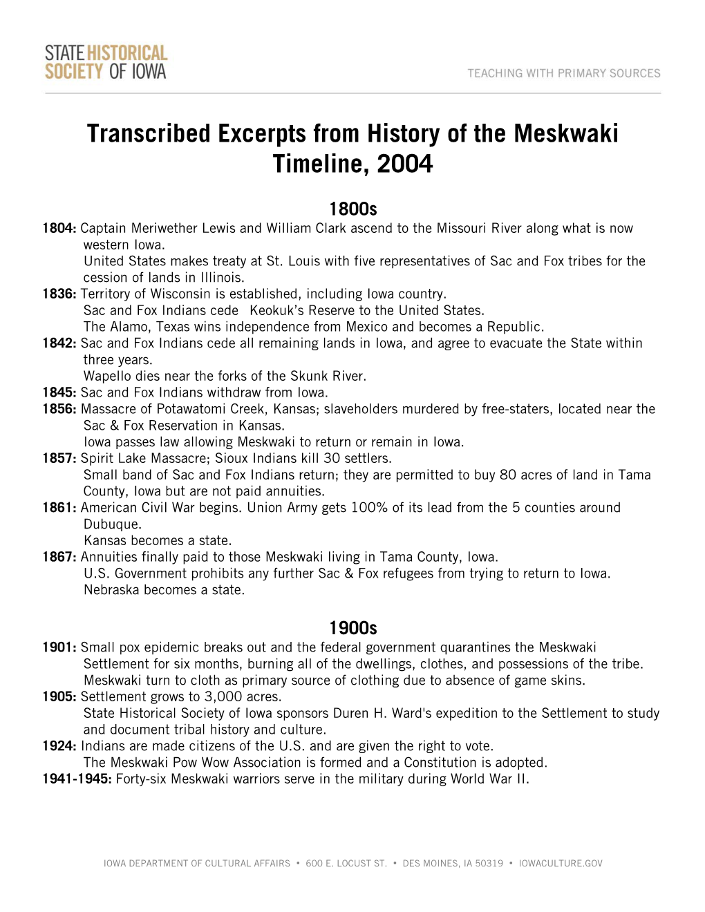 Transcribed Excerpts from History of the Meskwaki Timeline, 2004